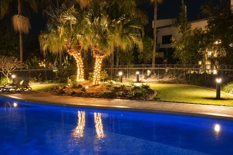 Poolside fairy and landscape lighting at Horton Apartments