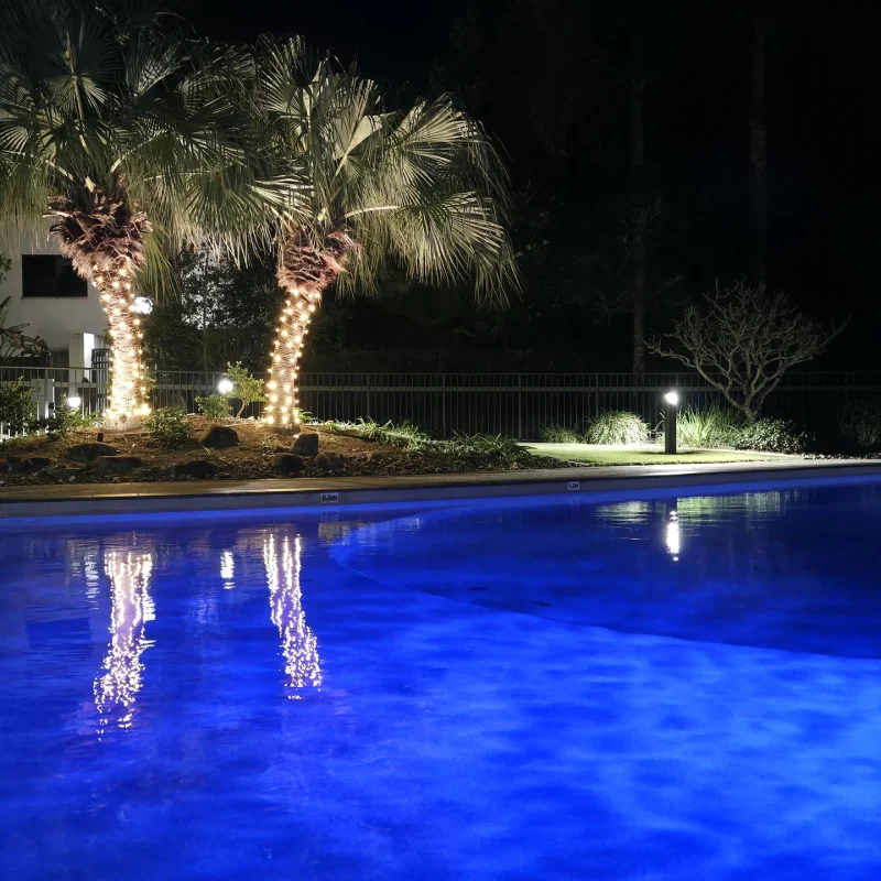 Poolside landscape and fairy lighting at Horton Apartments